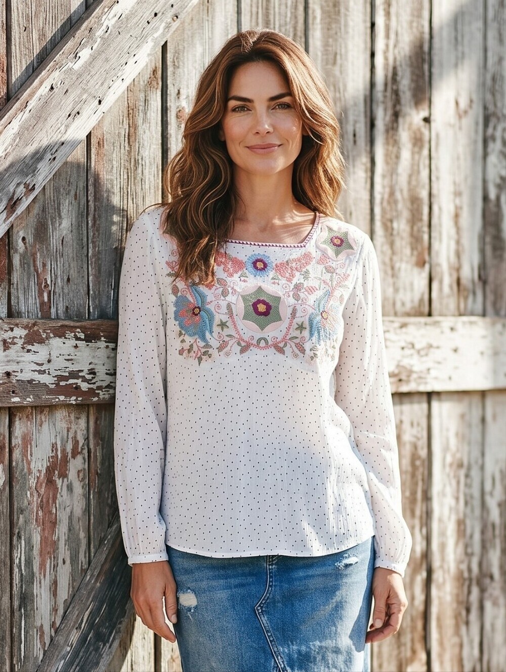 Anthropologie Lela Sky White Dot Blouse with Pastel Floral Embroidery